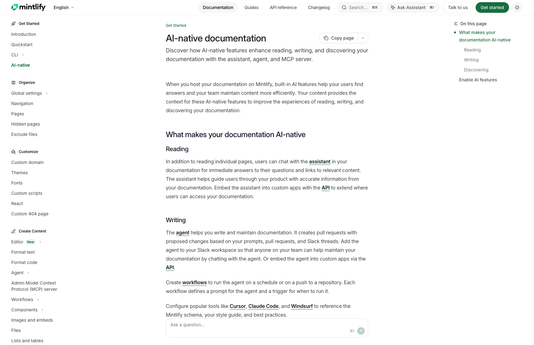 Mintlify official AI-native documentation page explaining assistant, agent, MCP, Markdown export, llms.txt, and skill.md features.
