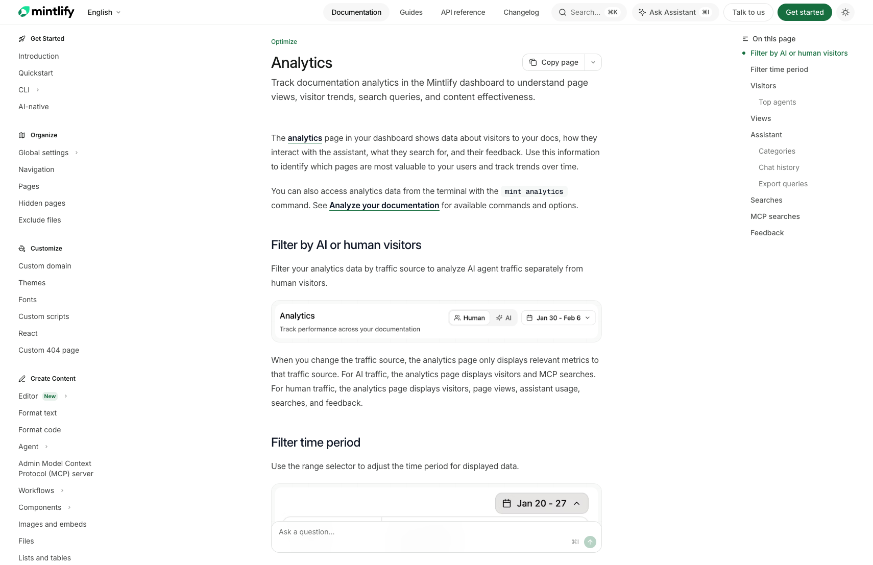 Mintlify official analytics page showing human and AI traffic analysis, assistant analytics, search queries, and feedback metrics.