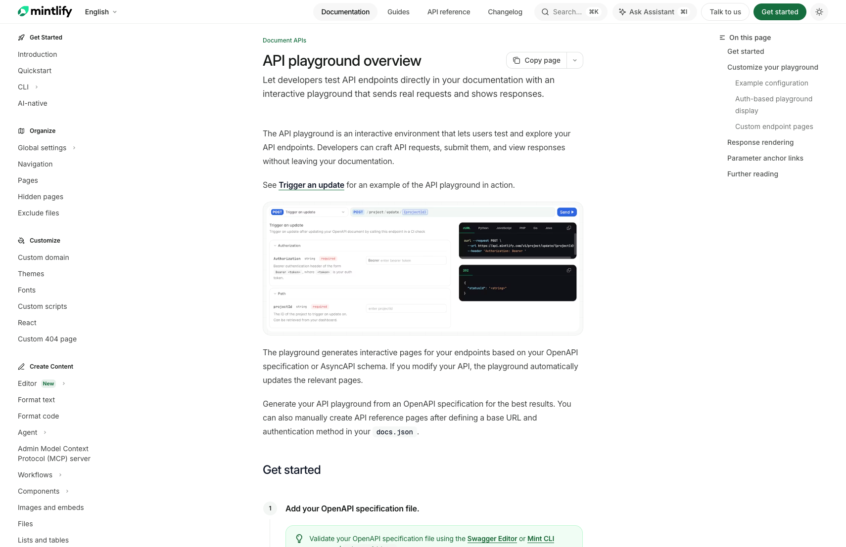 Mintlify official API playground overview page with an interactive endpoint request builder example.