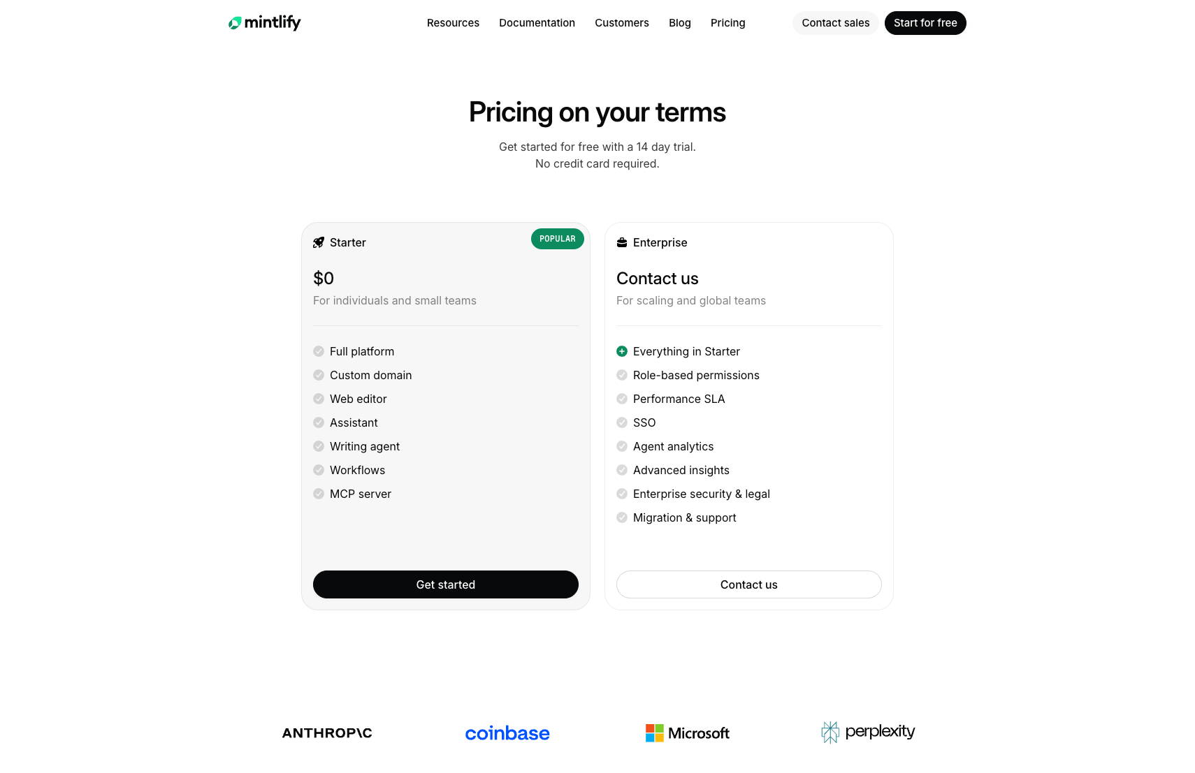 Mintlify official pricing page showing Starter at zero dollars, Enterprise contact sales, included features, credits, and overage pricing notes.