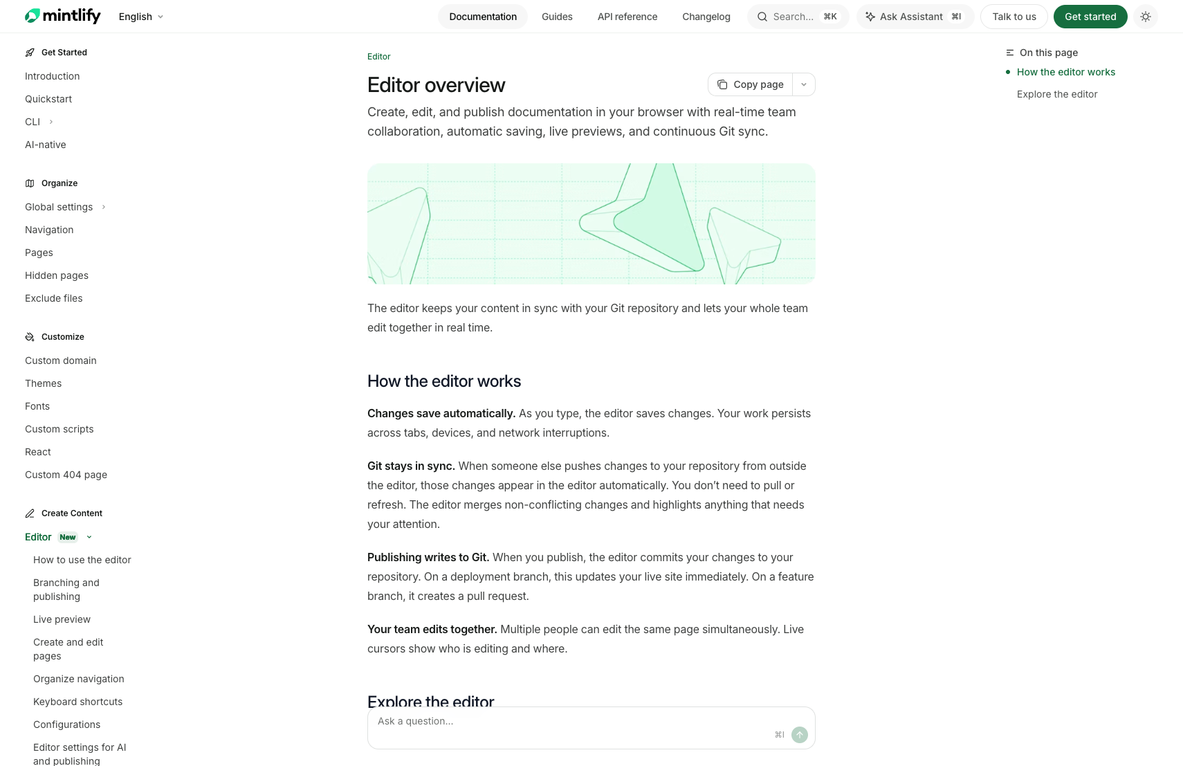Mintlify official editor overview page showing the browser-based documentation editor and Git sync workflow.